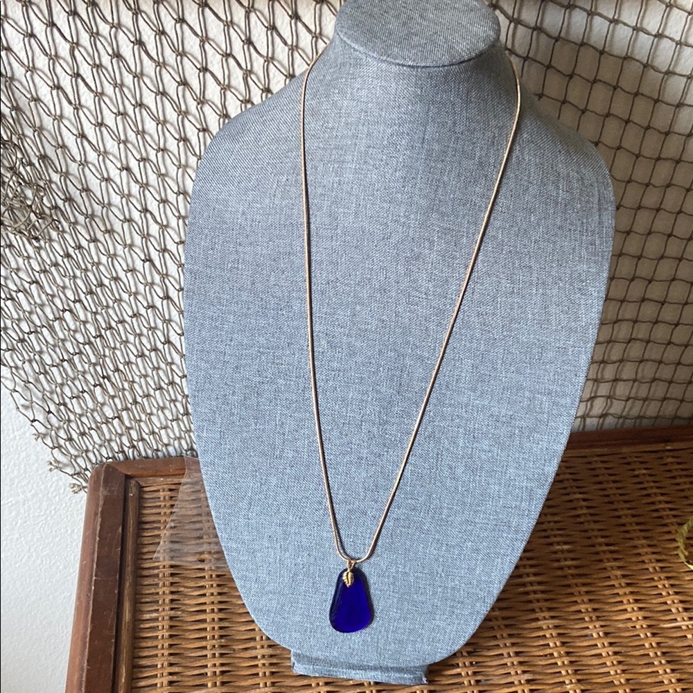 Vintage 90s Long Chain with Artisan Cobalt Blue Glass Pendant Necklace